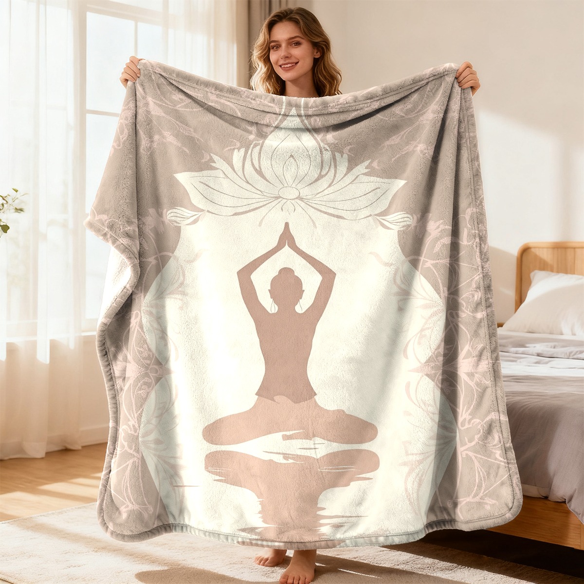 Spa Wellness Yoga - ผ้าห่มโยคะลายดอกบัวสุดหรู ผ้าฟลีซนุ่มสบาย ของขวัญสำหรับสปา วีลเนส โบโฮ ตกแต่งบ้านสไตล์วิญญาณวิภาชย